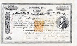 Aandeel van Zion's Co-Operative Mercantile Institution voor 100 dollar, uitgegeven op 1 februari 1873 in Salt Lake City, Utah Territory, oorspronkelijk ondertekend door Brigham Young als president