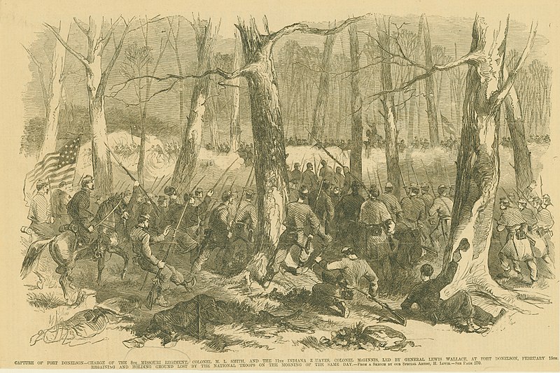 File:"Capture of Fort Donelson. Charge of the 8th Missouri Regiment, By Colonel M.L. Smith, and the 11th Indiana Zuaves, Colonel McGinnis, Led by General Lewis Wallace, at Fort Donelson, February 15th.".jpg
