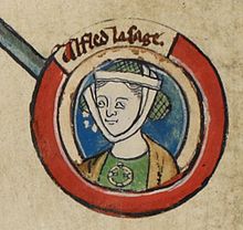 Medieval miniature of AEthelflaed in Genealogical roll of the kings of England. British Library MS Royal 14 B VI AEthelflaed - MS Royal 14 B VI.jpg