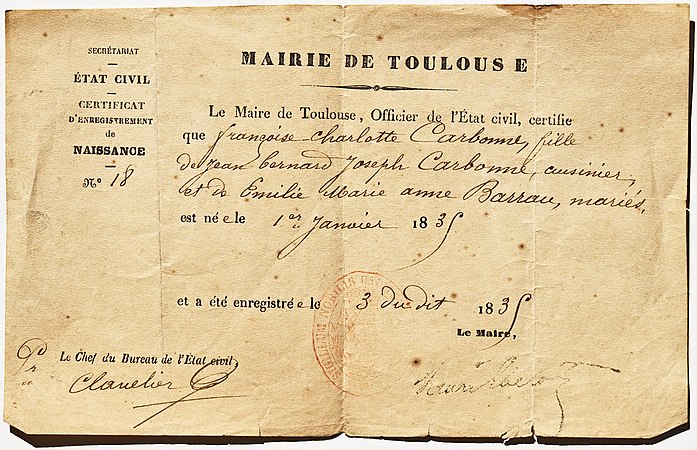 Français : Certificat de naissance de Françoise Charlotte Carbonne, née à Toulouse le 1er janvier 1835, fille de Jean Bernard Joseph Carbonne, cuisinier, et de Émilie Marie Anne Barrau, mariés. Secrétariat de l'état civil de la mairie de Toulouse, le 3 janvier 1835.