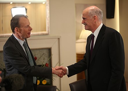 Andrew Marr (left) meeting the former Greek Prime Minister, George Papandreou in 2010
