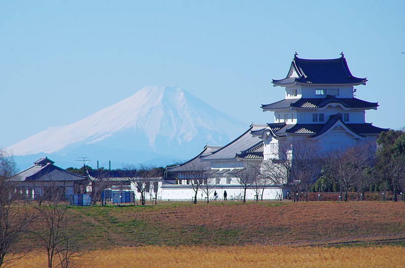 File:利根川堤防から関宿城を望む Sekiyado Castle and Mt. Fuji 2015.1.03 - panoramio.jpg