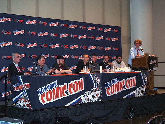 The IDW "Creator Visions" panel at the 2013 New York Comic Con. From left to right: writers Sidney Friedfertig, Gary Gerani, Adadsam Knave, Dan Goldma