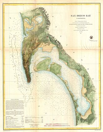 1857 map showing Point Loma in relation to San Diego Bay; Ballast Point is the small peninsula at the harbor mouth. 1857 U.S.C.S. Map of San Diego Bay, California - Geographicus - SanDiegoBay-uscs-1857.jpg