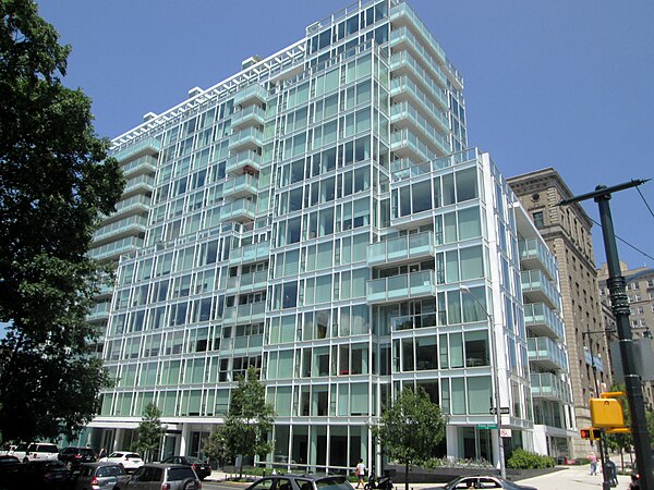 Richard Meier's 1 Grand Army Plaza apartment building was completed in 2009; the AIA Guide calls it "a massive beached whale".