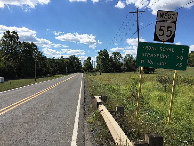 File:2016-09-12 15 14 00 View west along Virginia State Route 55 (John Marshall Highway) at Freezeland Road (Virginia State Secondary Route 638) in Linden, Warren County, Virginia.jpg