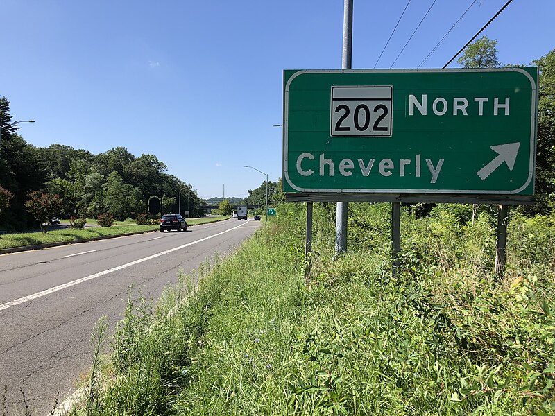 File:2020-08-18 11 19 40 View west along Maryland State Route 704 (Martin Luther King Junior Highway) at the exit for Maryland State Route 202 NORTH (Cheverly) in Landover, Prince George's County, Maryland.jpg