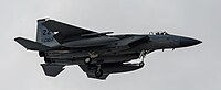 A US Air Force F-15C Eagle, tail number 85-0107, on final approach at Kadena Air Base in Okinawa, Japan. It is assigned to the 44th Fighter Squadron at Kadena AB.