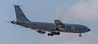 A KC-135R Stratotanker, tail number 57-1439, on final approach at Kadena Air Base in Okinawa, Japan in March 2020. It is assigned to the 22nd Air Refueling Wing and the 931st Air Refueling Wing at McConnell Air Force Base in Wichita, Kansas.