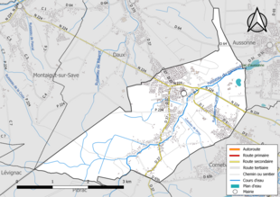 Carte en couleur présentant le réseau hydrographique de la commune