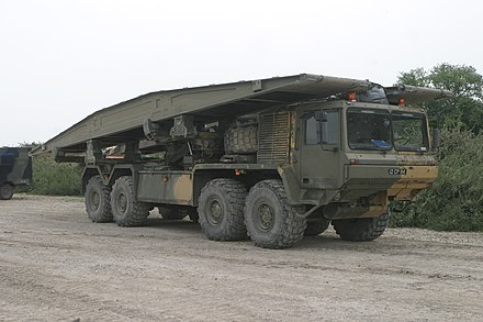 Tank bridge transporter of the United States Army. These are mobile bridges; tanks and other vehicles can use them to cross certain obstacles.
