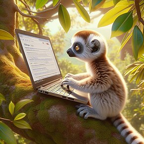 AI-generated image of a Coquerel's sifaka, a white, brown, and black lemur, sitting in a tree editing Wikipedia on a computer