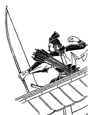 에도 시대의 『전현고실』(前賢故実)에 그려진 아베노 무네토의 모습. 기쿠치 요사이(菊池容斎) 작
