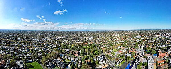 Aerial panorama of Malvern facing east to the Dandenong Ranges. April 2023.