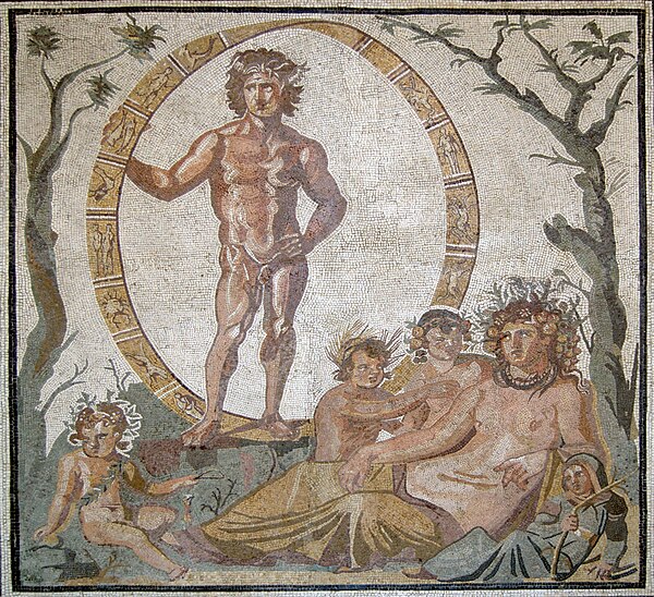 Mosaic from ancient Sentinum depicting Aion holding a Möbius strip