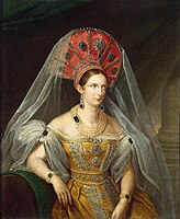 A. Malyukov.  "Retrato de la emperatriz Alexandra Feodorovna".  1836. Hermitage, San Petersburgo.  (Solo se utilizan los motivos del kokoshnik, pero en este caso se convirtió en un diseño de fantasía con enormes piedras preciosas).