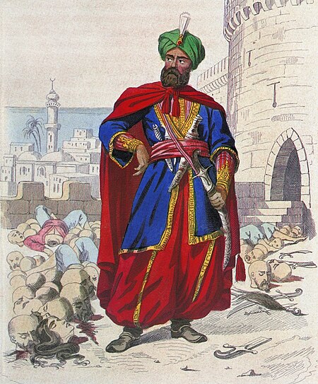 Ali Khoja, ruler of Algiers 1817-1818, resplendent in a green turban and wearing a fine sword, is surrounded by the severed heads of vanquished enemies after the bombardment of 1816 (C19).jpg