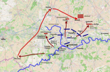 Map showing the initial withdrawals of the Allied outpost line (dark red arrows) and Orange's approach march with the main force to prepare for his counteroffensive. French initial deployments shown in dark blue for context. AlliedLambusart.png