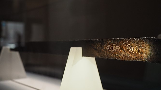 Ancient iron sword with silver inlay excavated from Etafunayama Kofun in Japan. (5th - 6th century)