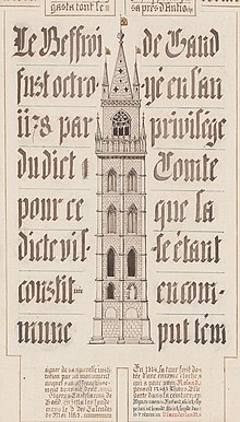 The Belfry of Ghent. Excerpt from the manuscript "Gand et Flandre" with chronicles, maps, miniatures and monuments. Written by Bruno Christiaenssens, 1844. Archive-ugent-be-847815E2-DDA9-11E6-9C16-1F4DD43445F2 DS-40 (cropped).jpg