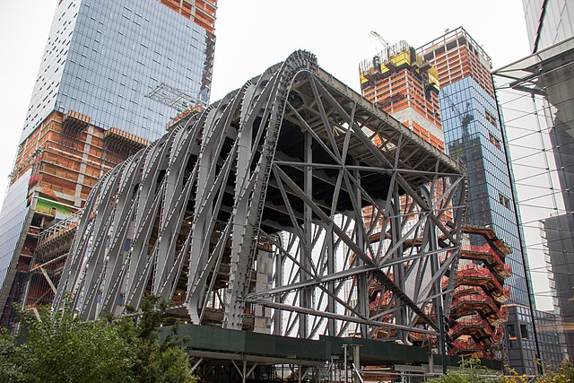 2017 view of the Shed and 10 and 15 Hudson Yards, with Vessel (under construction) behind it