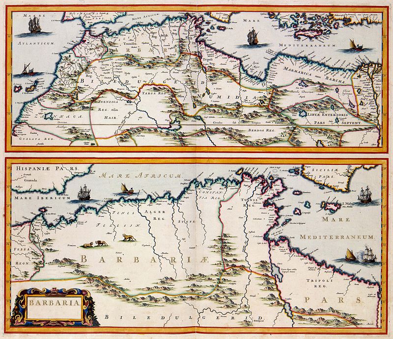 A 17th-century map by the Dutch cartographer Jan Janssonius showing the Barbary Coast, here "Barbaria"