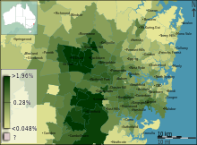 People born in Fiji as a percentage of the population in Sydney divided geographically by postal area, as of the 2011 census. Australian Census 2011 demographic map - Inner Sydney by POA - BCP field 1472 Fiji Total.svg
