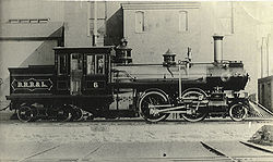 2-4-4 Mason Bogie locomotive #6 on the Boston, Revere Beach and Lynn Railroad as built in 1886. BRBL 6 Bldr.jpg