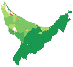 Population density map of the Bay of Plenty at the 2006 Census. Red = High, Green = Low.