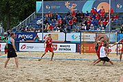 Deutsch: Beachhandball Europameisterschaften 2019 (Beach handball Euro); Tag 6: 7. Juli 2019 – Spiel um Platz Drei, Männer, Ungarn-Russland 2:0 (26:20, 23:22) English: Beach handball Euro; Day 6: 7 July 2019 – Men's Bronze Medal Match – Hungary-Russia 2:0 (26:20, 23:22)