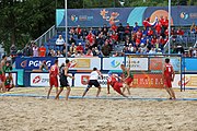 Deutsch: Beachhandball Europameisterschaften 2019 (Beach handball Euro); Tag 6: 7. Juli 2019 – Spiel um Platz Drei, Männer, Ungarn-Russland 2:0 (26:20, 23:22) English: Beach handball Euro; Day 6: 7 July 2019 – Men's Bronze Medal Match – Hungary-Russia 2:0 (26:20, 23:22)