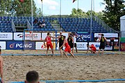 Deutsch: Beachhandball Europameisterschaften 2019 (Beach handball Euro); Tag 1: 2. Juli 2019 – Männer, Vorrunde Gruppe D, Polen-Schweden 2:1 (18:10, 15:9; 8:6) English: Beach handball Euro; Day 1: 2 July 2019 – Men Preliminary Round Group D – Poland-Sweden 2:1 (18:10, 15:9; 8:6)