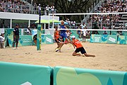 Deutsch: Beachvolleyball bei den Olympischen Jugendspielen 2018; Tag 11, 17. Oktober 2018; Jungen,Finale – Niederlande (Matthew Immers/Yorick de Groot)-Schweden (David Åhman/Jonatan Hellvig) 0:2 (20–22/15–21) English: Beach volleyball at the 2018 Summer Youth Olympics at 17 October 2018 – Final – Netherlands (Matthew Immers/Yorick de Groot)-Sweden (David Åhman/Jonatan Hellvig) 0:2 (20–22/15–21)