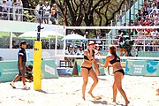 Deutsch: Beachvolleyball bei den Olympischen Jugendspielen 2018; Tag 9, 15. Oktober 2018; Mädchen, Viertelfinale: USA-Spanien 2–1 (21–19/17–21/15–9) English: Beach volleyball at the 2018 Summer Youth Olympics at 15 October 2018 – Girls Quarterfinals: USA-Spain 2–1 (21–19/17–21/15–9)