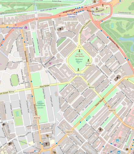 A map of the centre of Belgravia. The green square is Belgrave Square.