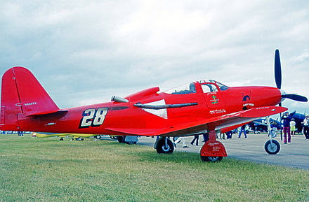 Bell RP-63C racer Tipsy Miss wearing No. 28 at Oshkosh Wisconsin in 1974.