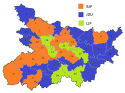 NDA Seat Sharing Bihar NDA Seat Shaing colour coded.png