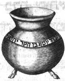 A footed cauldron-shaped vessel with a Hebrew inscription running along the middle