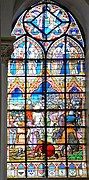 Historical monuments stained glass 2 window: Mrg Garin, bishop of Senlis, alerts the king of the arrival of ennemies by Champigneulle Charles; Champigneulle Emmanuel; Fritel Pierre (1889, 1906) in Saint Pierre Church, Bouvines.