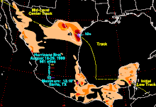 A map of rainfall in Mexico and the southern United States. The heaviest rainfall is along the Texas-Mexico border near the Gulf of Mexico.