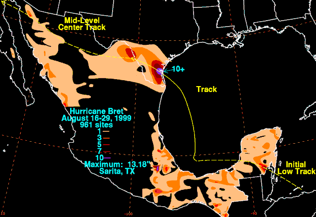 Mapa se zaznamenanými srážkovými úhrny (oranžovou barvou), viditelné jsou i hranice pevniny.