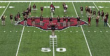 The Brown Band perform during halftime on Richard Gouse Field at Brown Stadium in 2021 Brown University band perform on the field.jpg