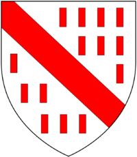 Arms of Bulteel: Argent biletee gules, a bend of the last. Billets are a common feature in the heraldry of Hainault and the Low Countries BulteelArms.png