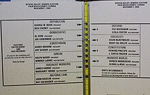 Simulation of the "butterfly ballot." Butterfly Ballot, Florida 2000 (large).jpg