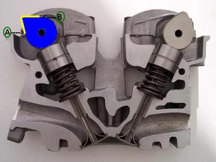 DOHC cylinder head with intake camshaft highlighted in blue