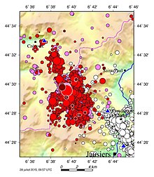 Ubaye earthquake swarms
Complete caption
White: 2003-2004 swarm; pink: 2012-2015 swarm up to 2014-04-06; red: earthquakes as of 2014-04-07; pink and red lined up in white: epicentres of 2012-02-26 earthquake (M=4.3) and 2014-04-07 earthquake (M=4.8); brown: latest 20 earthquakes in July 2015, just before the map was drawn. Symbol size directly proportional to magnitude. Blue triangles show the 3 nearest seismic stations. Carte150728.jpg