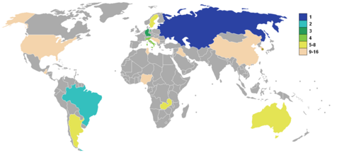 Planisphère multicolore du classement final de chaque nation engagée.