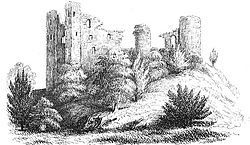 A mid-Victorian depiction of the ruined Clun Castle Clun Castle - Victorian sketch.JPG