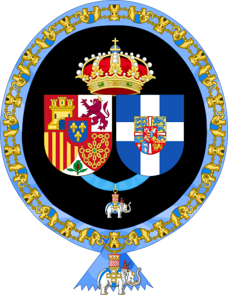 File:Coat of Arms of Sofía, Queen of Spain (Order of the Elephant Variant).svg