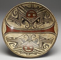 Pedestal dish; 600-800; hight: 15.24 cm (6 in.), diameter: 27.69 cm (107⁄8 in.); Walters Art Museum. Description Binary opposition is a central precept of ancient Panamanian cosmology, which viewed the cosmos as the pairing of opposites: male-female, light-dark, spirit world-natural world. The universe was composed of three levels-the upper sphere, the middle sphere, and the lower sphere